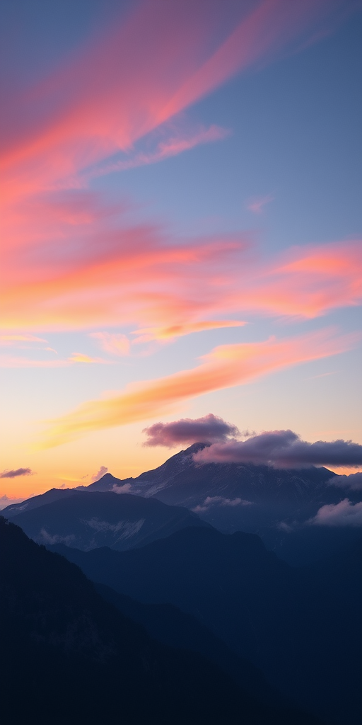 Generate a high-resolution image of a serene mountain landscape during sunrise with vivid colors and soft clouds, using a DSLR camera with a 24mm lens at f/8, ISO 100, 1/60s shutter speed, and a wide-angle view.
