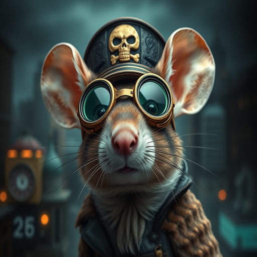 Regenerate a high-quality image of a steampunk-style anthropomorphic mouse wearing goggles and a skull symbol on a hat, with a background featuring a dark, atmospheric cityscape, using a Canon EOS R5 camera with a 50mm lens at f/1.8, ISO 100, shooting in portrait mode for enhanced detail and clarity.