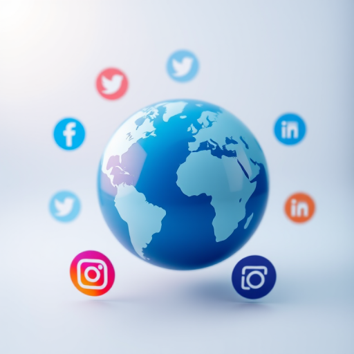 Create an illustration of a blue globe surrounded by circular icons representing social media platforms like Facebook, Twitter, Instagram, and LinkedIn, using a soft gradient background, shot with a DSLR camera at f/8 aperture, ISO 100, 50mm lens, and a slight tilt-shift effect for depth.