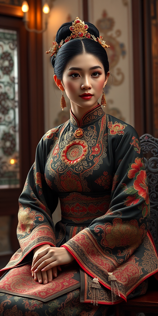 A beautiful Ashkenazi woman in traditional East Asian attire, intricately detailed with embroidered patterns, sitting gracefully in a richly decorated room, soft ambient lighting, serene and elegant, ultra-realistic, 8K resolution