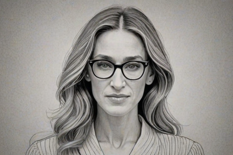 Appealing Sarah Jessica Parker, pencil sketch, portrait of Pleasing woman 1946s in glasses, hair style beatnik, outline, clear lines, fine lines, 8k
