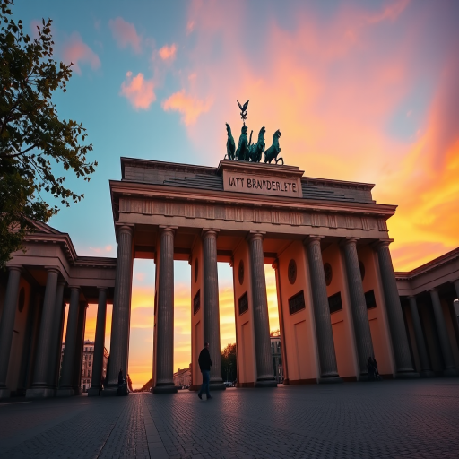 Create a high-resolution image of the Brandenburg Gate in Berlin at sunset, using a DSLR camera with a 24mm lens, aperture set to f/8, ISO 200, capturing vibrant colors and sharp details from a low angle perspective.