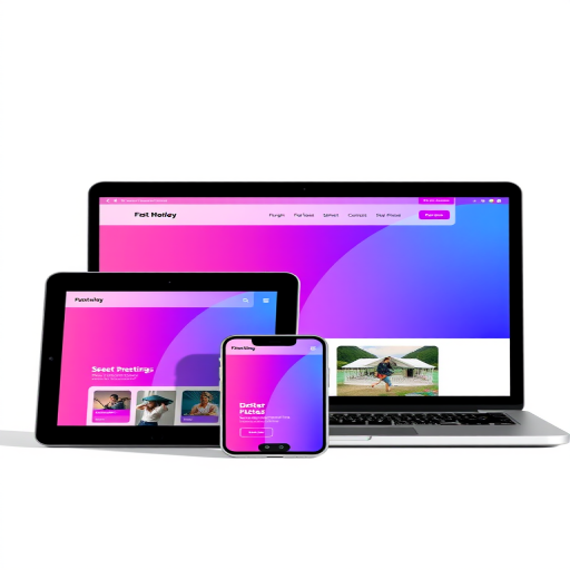 Create a high-resolution digital illustration of three devices (tablet, laptop, smartphone) displaying a modern web design with bold colors like purple, blue, and pink, captured with a Canon EOS R camera, 50mm lens, f/1.8 aperture, 1/100s shutter speed, and natural lighting from the front for enhanced clarity and color vibrancy.