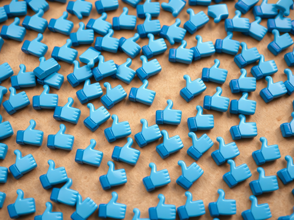 Create a high-resolution image of a multitude of blue thumbs-up icons scattered across a surface, captured with a DSLR camera using a 50mm lens, f/2.8 aperture, ISO 100, and a top-down view to enhance depth and detail.