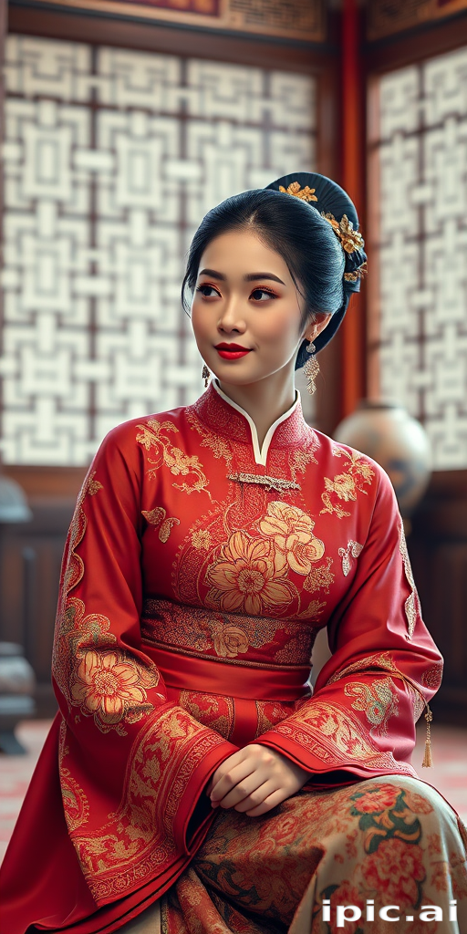 A beautiful woman in traditional East Asian attire, intricately detailed with embroidered patterns, sitting gracefully in a richly decorated room, soft ambient lighting, serene and elegant, ultra-realistic, 8K resolution