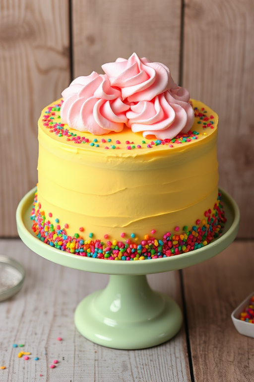 A colorful cake with a smooth yellow frosting decorated with pink whipped cream dollops on top and vibrant sprinkles all around the sides displayed on a light green cake stand with a rustic wooden background