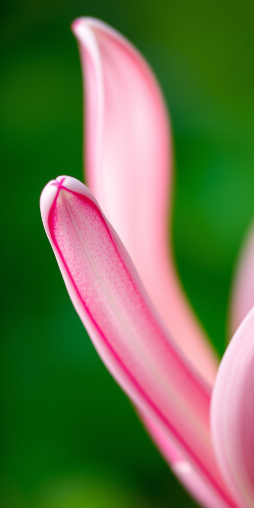 Capture a close-up of a pink and white flower with a blurred green background, using a macro lens, aperture f/2.8, shutter speed 1/250s, ISO 100, in natural light, with a shallow depth of field.