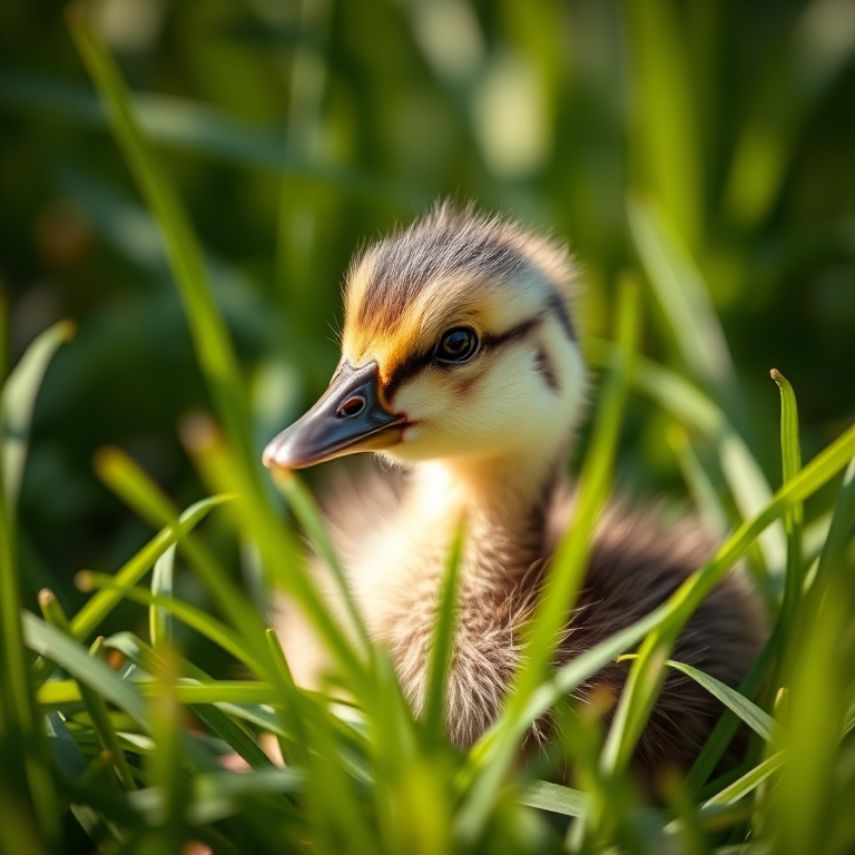 Capture a close-up photograph of a fluffy duckling nestled in lush green grass with soft natural lighting, using a DSLR camera with an aperture of f/2.8, ISO 200, and a shutter speed of 1/500 seconds, in a shallow depth of field to enhance image quality and focus on the subject.
