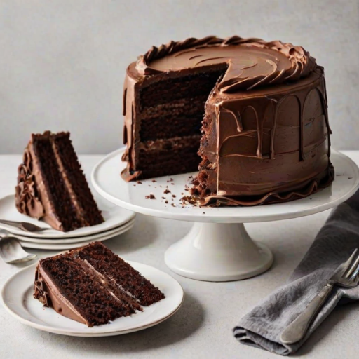 Generate an image of a layered chocolate cake with a slice cut out, revealing its multiple layers. The cake should have a smooth chocolate frosting on top and be displayed on a white cake stand. Next to it, place a slice of the cake on a plate with a fork beside it. The setting should be a wooden table.