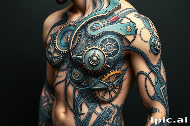 Biomechanical tattoo titled "Cyber Fusion" merging hyper-realistic mechanical components with organic forms seamlessly blending gears wires and circuitry with human anatomy in a futuristic and visually striking manner