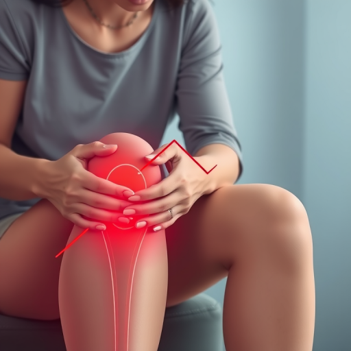 Create an enhanced illustration of a woman sitting with her knee hugged, depicting discomfort in her leg with red lines and zigzag patterns symbolizing pain, using a soft focus camera style, focal length of 50mm, aperture set to f/2.8, and a high-resolution digital format for clarity and detail.