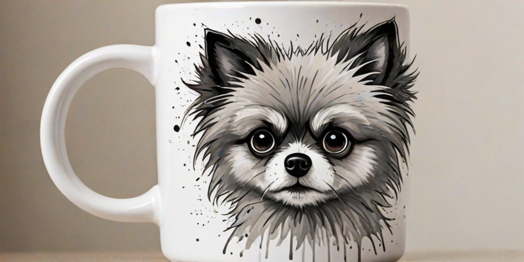 A quirky, artistic illustration of a disheveled aussiepom dog breed with exaggerated, large eyes and spiky fur, holding a coffee mug that reads "Good Morning". The dog has a tired but humorous expression, with ink splatters and abstract details surrounding it, giving a whimsical feel to the image. The color palette is mostly monochrome with hints of black in the eyes and steam rising from the mug, enhancing the overall sleepy vibe