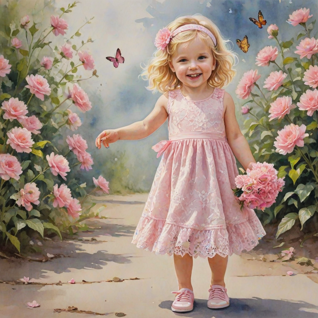 hyperrealism happy smiling toddler girl with messy wavy blonde hair with a headband, she is wearing a pink and white lace dress with pink and white shoes, she is holding a pink bouquet of flowers. Pink flowers and butterflies. summer background. Watercolor Highly detailed