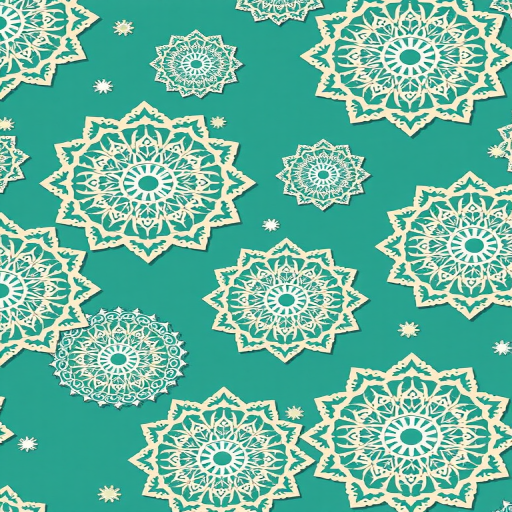 Create a seamless pattern featuring intricate lace-like mandalas in white and beige on a teal background, shot with a DSLR camera at f/8 aperture, 50mm lens, ISO 200, top-down view, in soft natural light.