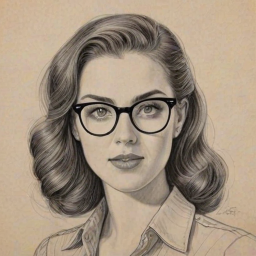 Radiant Brittany Curran, pencil sketch, portrait of Beauteous woman 1942s in glasses, hair style beatnik, outline, clear lines, fine lines, 8k