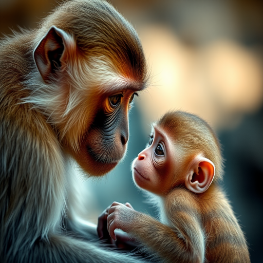 Capture a close-up shot of a monkey and its baby interacting tenderly in a softly lit environment, using a DSLR camera with a 50mm lens, aperture set to f/1.8, ISO 200, and a shutter speed of 1/100 sec, focusing on their facial expressions with a shallow depth of field to create a blurred background.