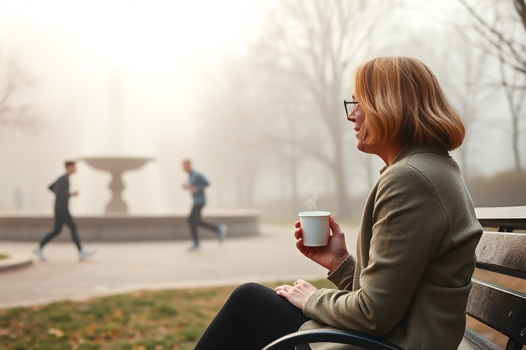 Foggy morning in a city park, a woman sits on a bench near a fountain, her coffee cup steaming in the cool air as she watches joggers pass by.