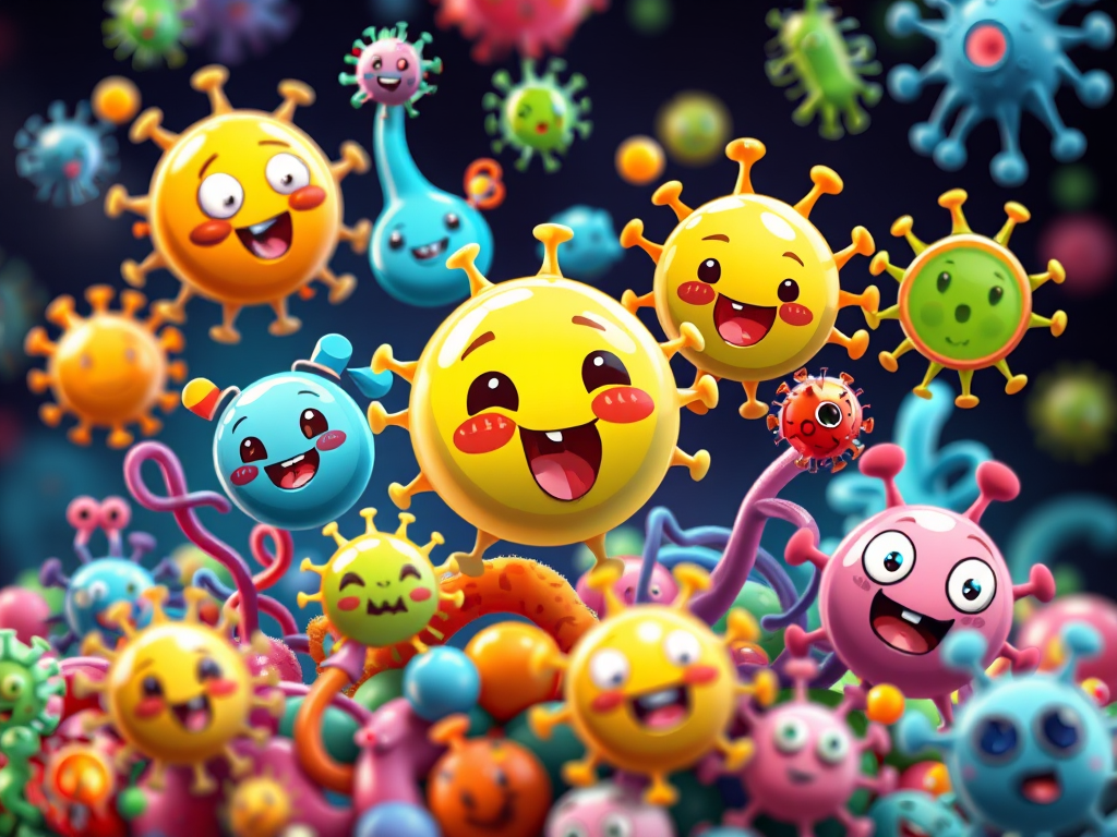 Create a vibrant and detailed illustration of various cartoon-style microorganisms including bacteria and viruses, with bright colors and playful expressions, using a DSLR camera with a 50mm lens, f/2.8 aperture, ISO 100, and a shallow depth of field to enhance clarity and vibrancy.