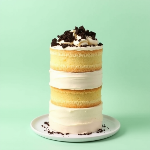 A tall layered cake with three tiers featuring light sponge cake and creamy vanilla frosting, topped with chocolate crumbs, sitting on a white plate against a solid mint green background.