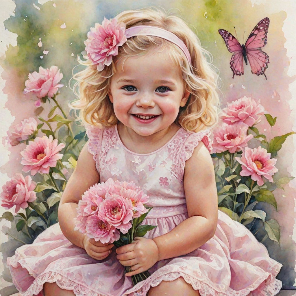 hyperrealism happy smiling toddler girl with messy wavy blonde hair with a headband, she is wearing a pink and white lace dress with pink and white shoes, she is holding a pink bouquet of flowers. Pink flowers and butterflies. summer background. Watercolor Highly detailed
