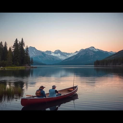 A serene lakeside scene at dusk with two people fishing in a canoe, surrounded by tall evergreen trees and majestic mountains in the background, soft pastel colors reflecting on the water, shot with a Canon EOS R5, 35mm lens, f/8 aperture, ISO 200, at a wide angle.