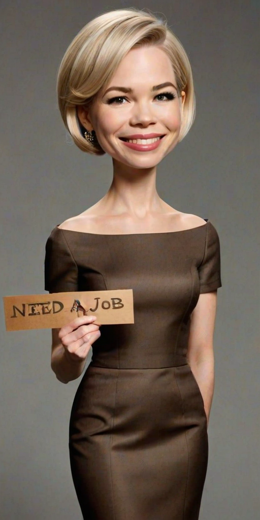 caricature of a smiling Michelle Williams in a Bronze dress or suit, holding up a sign that says "NEED A JOB", no watermark,
