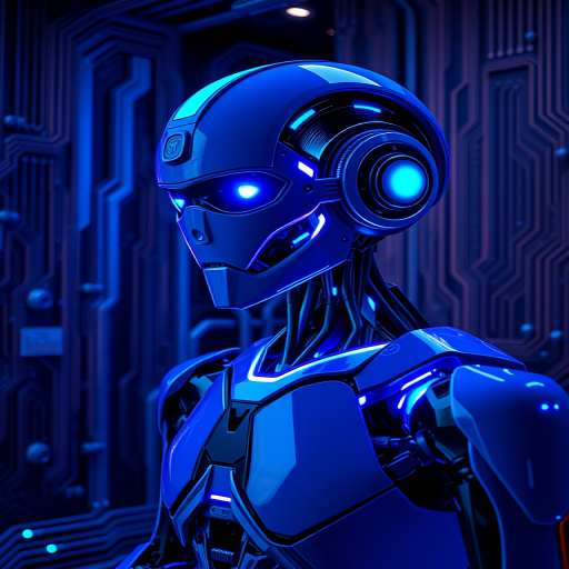 futuristic humanoid robot in a digital circuit environment, illuminated in blue tones, high-resolution, 50mm lens, f/1.8 aperture, ISO 100, HDR photography, wide-angle view, studio lighting