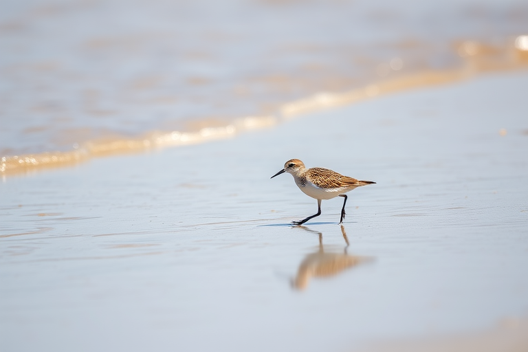 a small shorebird walking along the wet sand near the shoreline, shallow depth of field, natural sunlight, ISO 200, f/4.0, 1/200s, 50mm lens, taken with a DSLR camera