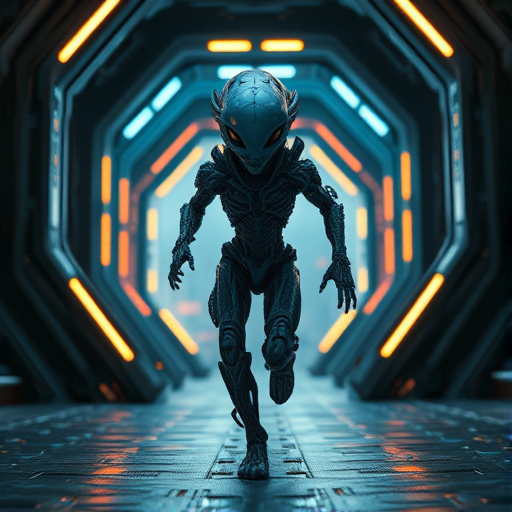 Generate a high-resolution image of an alien humanoid figure with an intricate, biomechanical design, running through a futuristic portal with glowing edges, captured using a Canon EOS R5, 50mm f/1.2 lens, in a low-angle cinematic view, employing HDR techniques for enhanced contrast and detail.