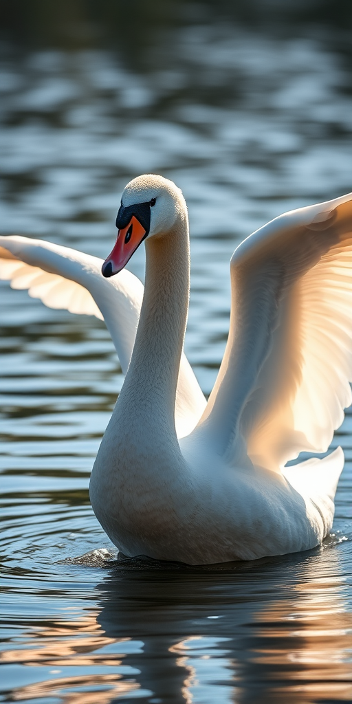 capture a swan with wings spread wide in a sunlit lake, using a DSLR camera with a 100mm macro lens, f/2.8 aperture, ISO 200, shutter speed 1/500 sec, shallow depth of field, soft focus background, and natural lighting for enhanced clarity and detail