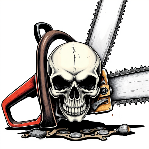 Create a detailed illustration of a chainsaw with a skull integrated into the design, utilizing a high-resolution DSLR camera with 50mm lens, aperture set at f/8 for sharpness, ISO 100 for clarity, and a slight vignette effect to enhance focus on the central elements.