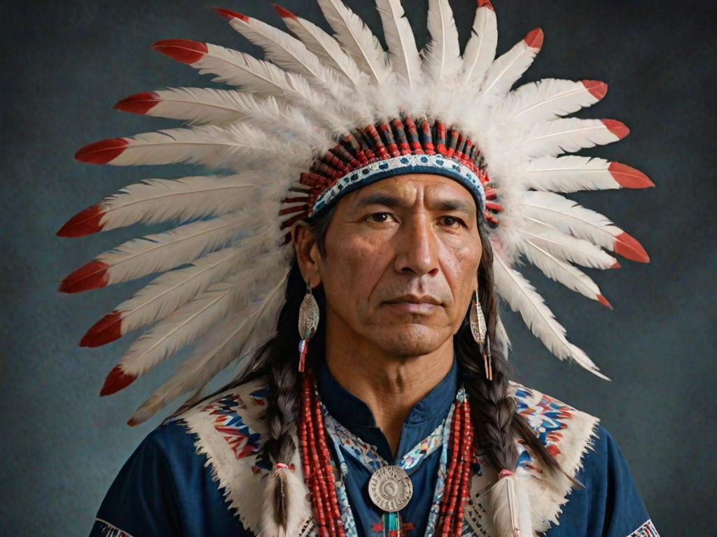 Create a dignified portrait of a Native American man dressed in traditional attire. He wears a beautifully crafted headdress adorned with white feathers and red beads, along with a beaded headband featuring intricate patterns. His clothing includes a deep blue, patterned shirt and a traditional chest piece with detailed beadwork. His arms are crossed, displaying leather armbands decorated with feathers. The background is simple and neutral, emphasizing his proud and stoic expression. The overall image captures the rich cultural heritage and strength of his persona.