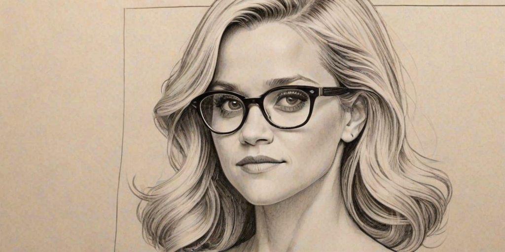 Wonderful Reese Witherspoon, pencil sketch, portrait of Gorgeous woman 1920s in glasses, hair style beatnik, outline, clear lines, fine lines, 8k