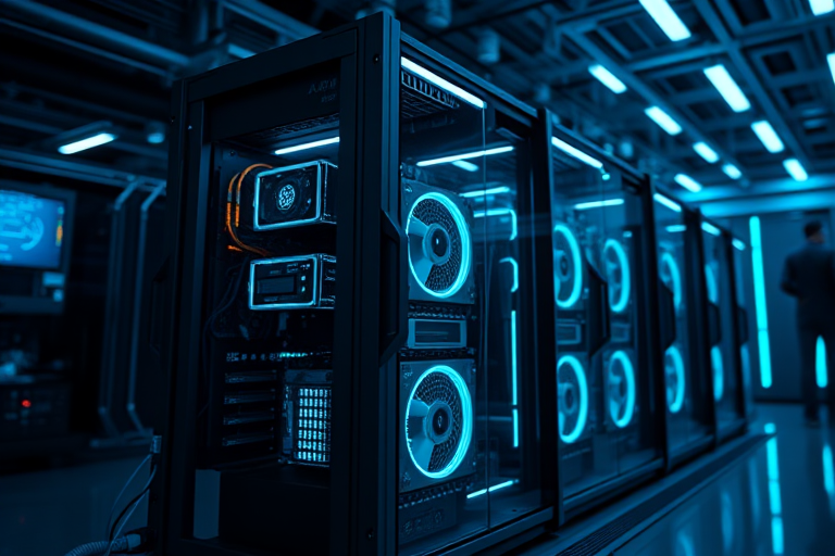 A futuristic computer mainframe in a modern tech environment, illuminated with cool blue LED lights, taken with a DSLR camera at f/1.8, ISO 200, 35mm focal length, wide-angle view, high dynamic range photography to enhance details and clarity.
