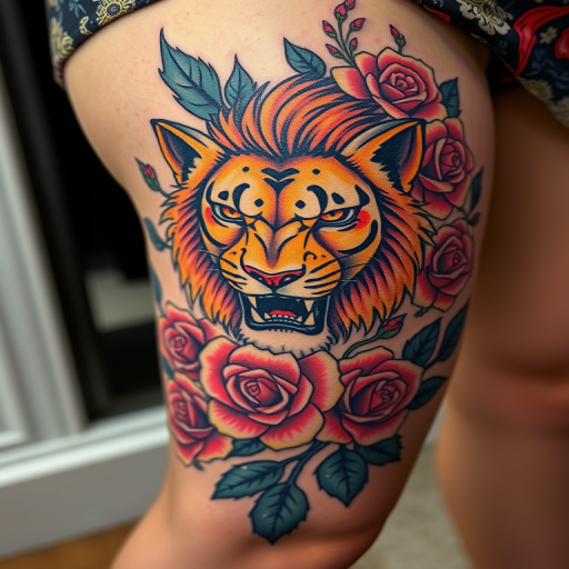 Striking neo-traditional tattoo on the thigh depicting a fierce lioness surrounded by vibrant roses and foliage rich saturated colors and bold outlines with a touch of realism