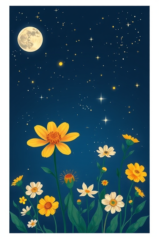 Floral illustration with a night sky background, featuring a single yellow flower, moons, and stars, captured with a DSLR camera at f/2.8, ISO 100, 50mm lens, soft focus effect, high dynamic range.