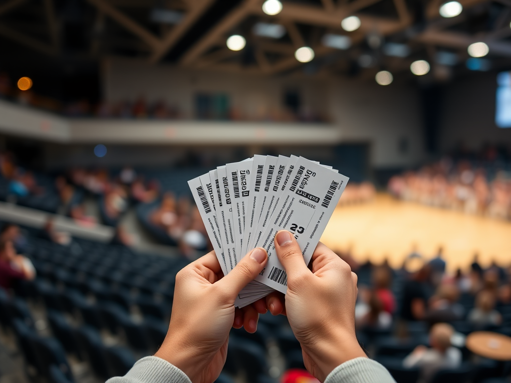 A close-up shot of hands holding multiple tickets with a blurred background of seating in an indoor venue, using a shallow depth of field; camera settings: ISO 200, aperture f/2.8, shutter speed 1/125s; camera type: DSLR; camera style: portrait orientation.