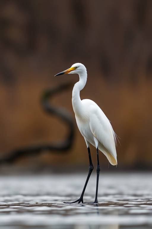 capture a snowy egret standing on the shore with a blurred background, aperture f/4.0, shutter speed 1/1000, ISO 200, focal length 200mm, portrait view, DSLR camera, natural light