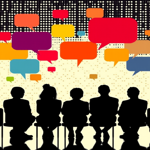 Create an abstract image of silhouettes of people sitting in a row against a pixelated background with speech bubbles in various colors, using a DSLR camera with a 50mm lens, aperture set to f/2.8, ISO 100, and a resolution of 300 DPI for enhanced clarity.