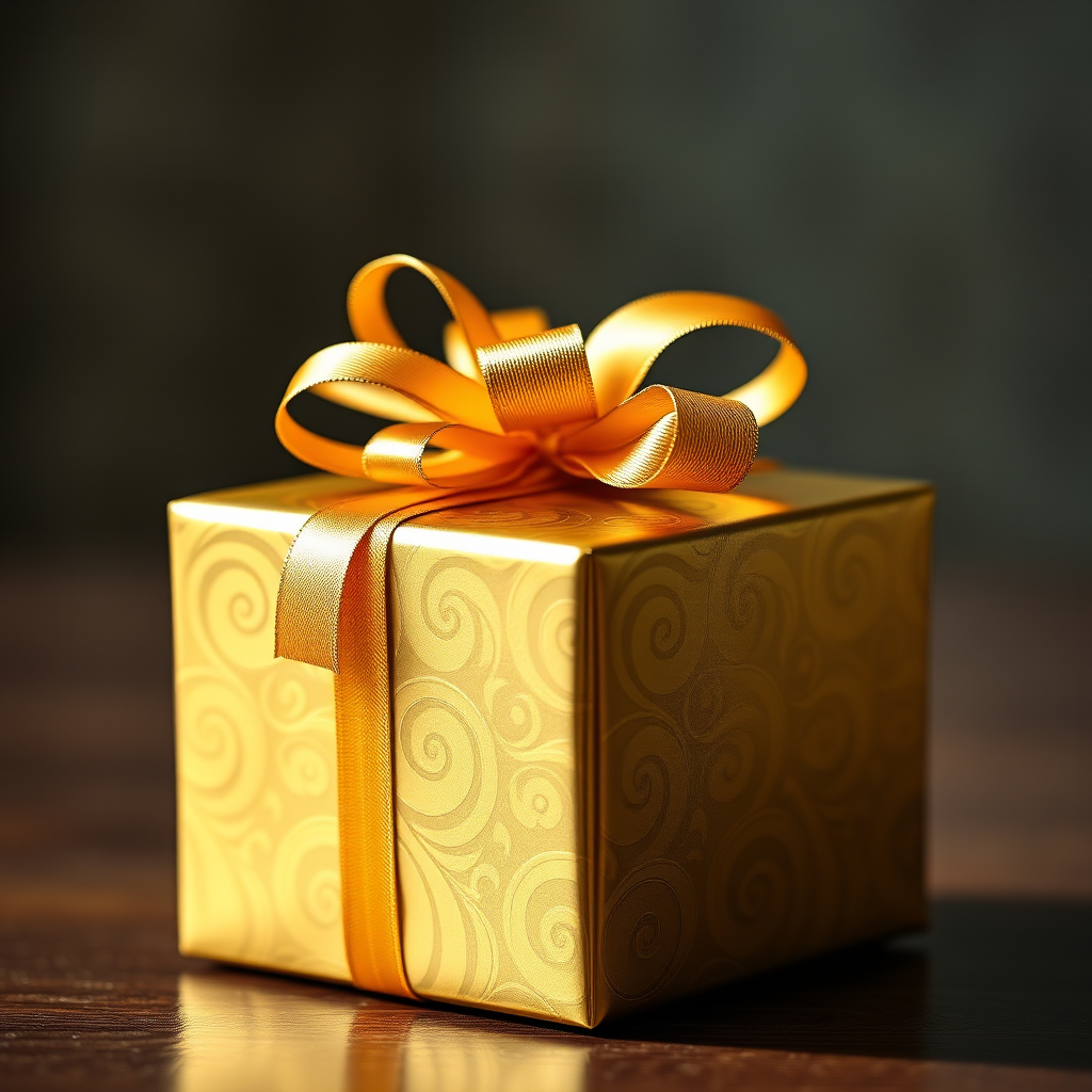 Create a high-resolution image of a gold gift box with an intricate swirling pattern, tied with a shiny golden ribbon, captured with a Canon EOS 5D Mark IV, 50mm lens, f/2.8 aperture, ISO 100, natural lighting, shallow depth of field.