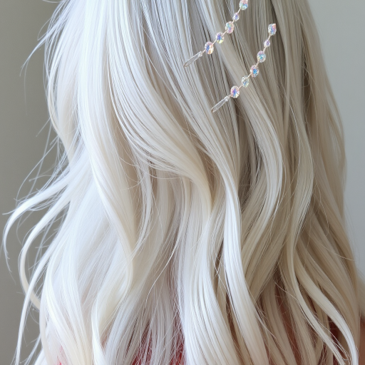 Ethereal silver-white hair flowing in loose, ethereal waves, adorned with iridescent crystal hair pins that catch the light, embodying the ethereal "Stardust Dream" style
