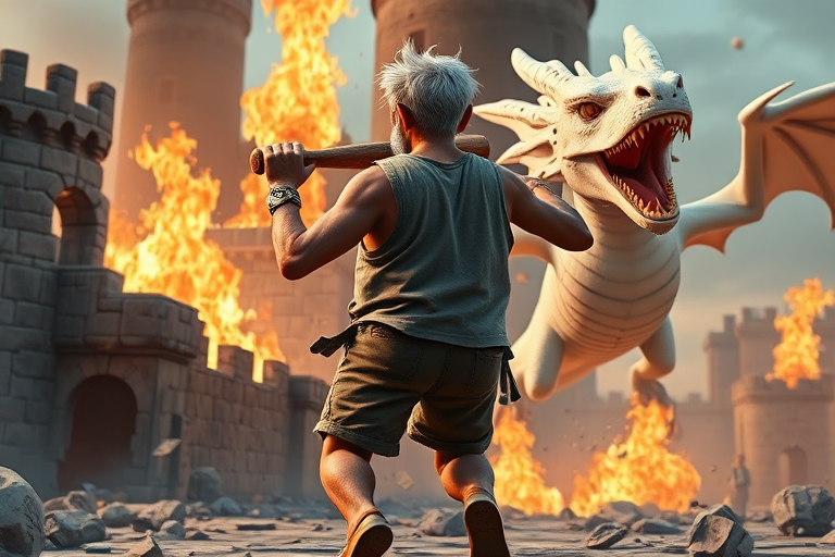 Cartoon 3D High-Resolution,dynamic battle scene using Unreal Engine 5 and Octane Render. The scene features back of an elderly, thai man with a beard,messy hair and round golden-rimmed glasses. He is wearing a tattered tank top with soot marks, shorts, and sandals. sweating. he wields a baseball bat. He jump to fight with a white fire-breathing Europe dragon amidst a partially destroyed stone castle. Include intense flames, smoke, and debris to enhance the dramatic effect.