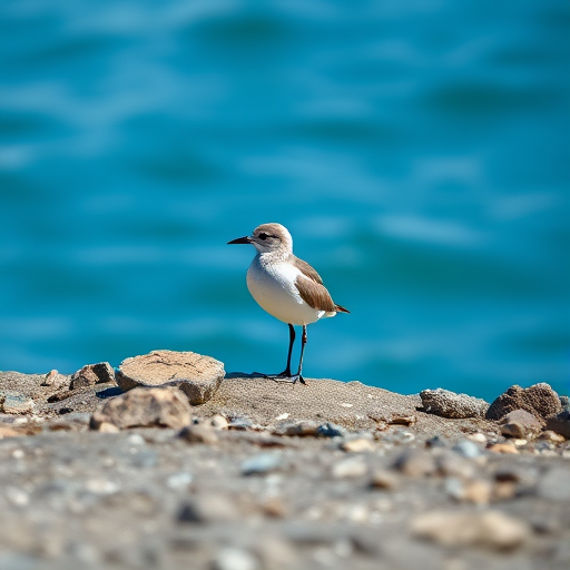 Capture a sharp image of a solitary bird standing on a rocky surface by the water, using a DSLR camera with a 300mm lens, aperture set to f/4, ISO 200, shutter speed 1/1000s, with a shallow depth of field for background blur and vibrant blue water in the backdrop.