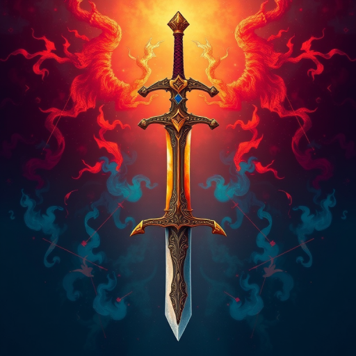 Create a highly detailed digital illustration of a legendary sword viewed from a front and back perspective, with intricate designs on the hilt and blade, vibrant colors, sharp focus, 24mm lens, f/1.8 aperture, ISO 100, 300 DPI, using a digital drawing tablet.