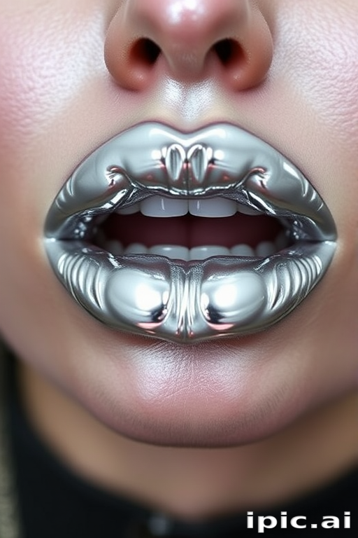 Metallic silver lips named "Liquid Mercury" showcase a futuristic and space-age appearance with a mirror-like finish, ideal for sci-fi themed events