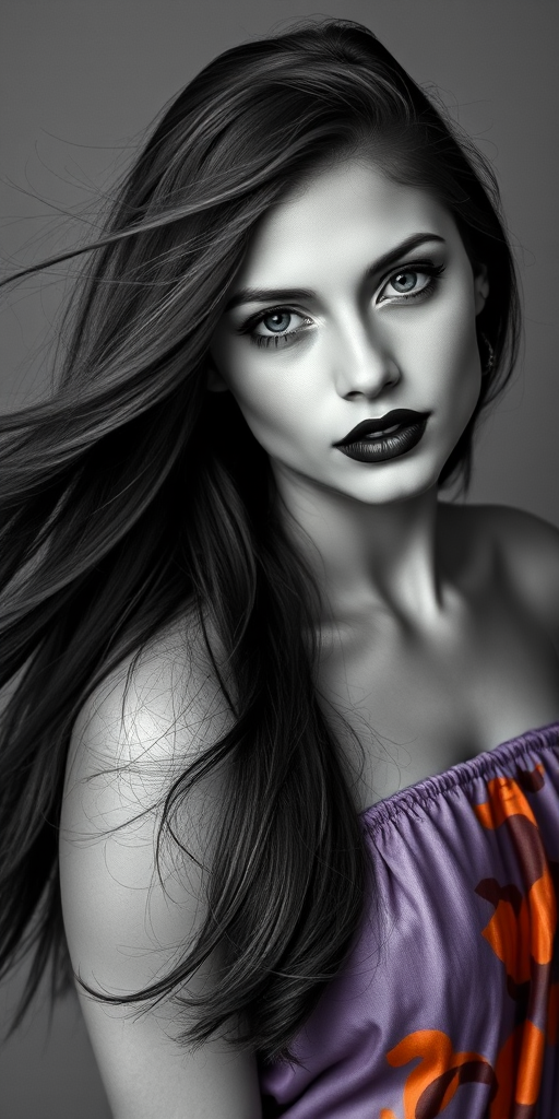 Photographic image of a beautiful young Native American woman, blue eyes, lips with black lipstick, long hair fluttering in the wind and wearing a silk strapless dress with a soft purple and orange print. monochrome image with only color highlights in the iris of the eyes, lipstick and dress. Gray background.