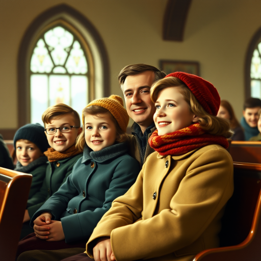 In the style of Norman Rockwell, a 1953 young family, looking pleasantly content is sitting in church, wearing cold weather clothing in autumn colors