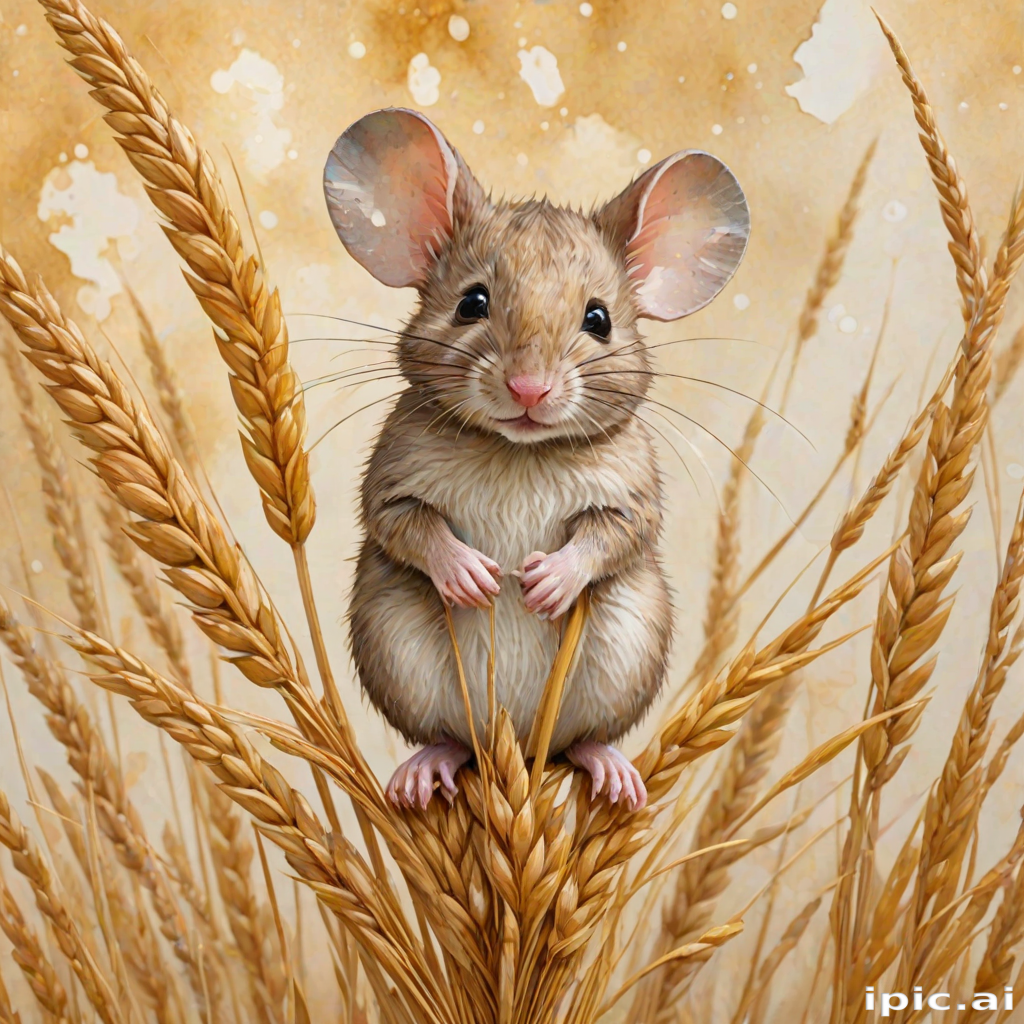Soft, muted Alcohol Ink with ebru effect background image of tiny whimsical mousey, who climbed high on the top of a golden rye ear.