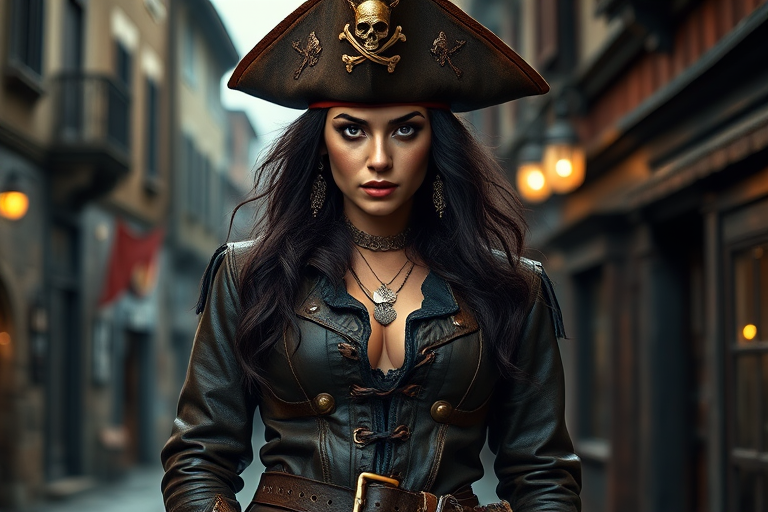 Create a portrait of a fierce female pirate. She wears a leather tricorn hat adorned with a skull and crossbones emblem, and her long, dark hair flows around her face. Her outfit consists of a richly detailed leather jacket, a corset, and multiple layers of belts and accessories, giving her a formidable and stylish appearance. She stands confidently in a dimly lit, historic port town, with a backdrop of weathered buildings and cobblestone streets, capturing the adventurous spirit of a pirate.