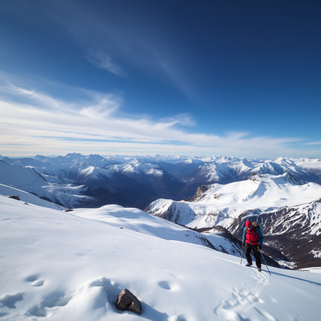 high-resolution landscape photo of a snowy mountain terrain with a lone hiker in the foreground, taken with a DSLR camera, 24mm lens, aperture f/8, ISO 100, shutter speed 1/200 sec, natural lighting, capturing a panoramic view of the mountains in the background